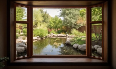 a window with a view of a pond and trees outside.  generative ai