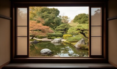  a window view of a garden with rocks and trees in it.  generative ai