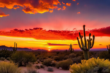 vibrant and colorful sunset over a desert