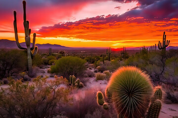 vibrant and colorful sunset over a desert