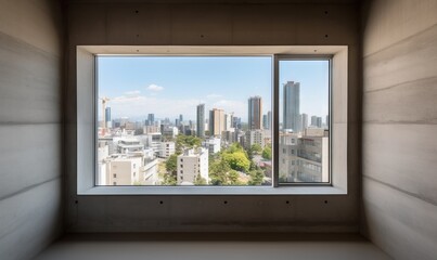  a view of a city from a window in a building.  generative ai