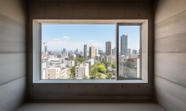 Fototapeta  a view of a city from a window in a building.  generative ai