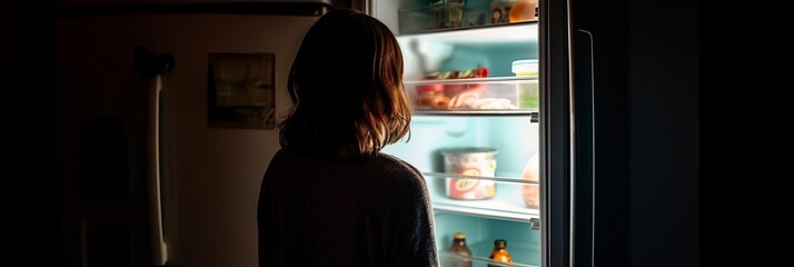 The girl stands in front of the open door of the refrigerator, looking inside it, in the dark. Generative AI