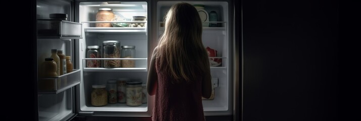 Fototapeta na wymiar The girl stands in front of the open door of the refrigerator, looking inside it, in the dark. Generative AI