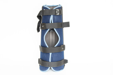 Knee brace blue post-operative on a white background close-up