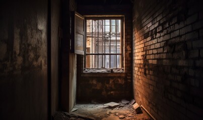 Fototapeta na wymiar a dimly lit room with a window and a brick wall. generative ai