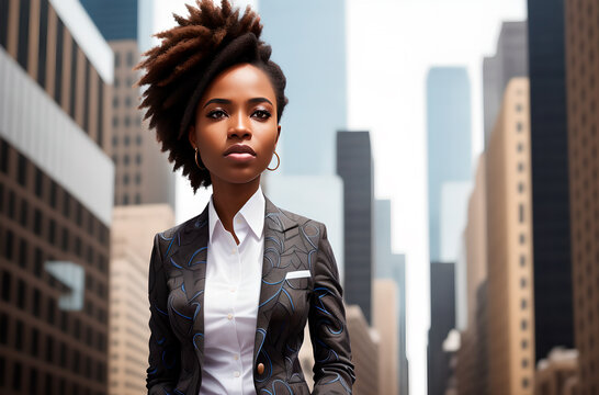 Beautiful african american in business suit on background of metropolitan. Elegant black woman in classic style in downtown. Generative AI.
