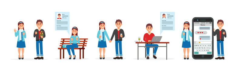 Young Man and Woman on Dating Site Chatting with Each Other Vector Illustration Set