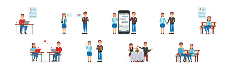 Young Man and Woman on Dating Site Chatting with Each Other Vector Illustration Set