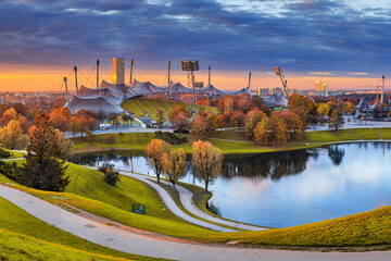 Autumn cityscape - view of the Olympiapark or Olympic Park located in the Oberwiesenfeld...