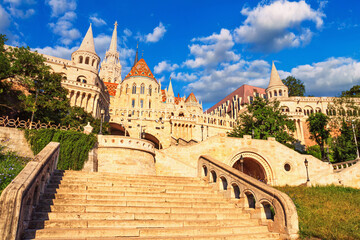 Fototapeta na wymiar Bottom view of the Fisherman's Bastion with staircase. Popular tourist attraction in Budapest, Hungary