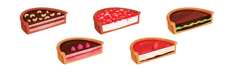 Sweet Homemade Pie or Cheesecake Halves with Berry Filling and Crust Made of Shortcrust Pastry Vector Illustration Set