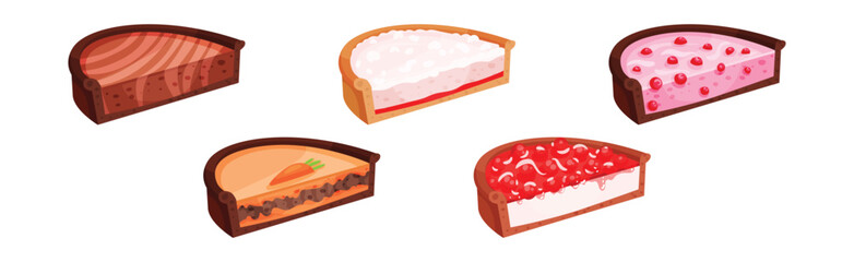 Sweet Homemade Pie or Cheesecake Halves with Berry Filling and Crust Made of Shortcrust Pastry Vector Illustration Set