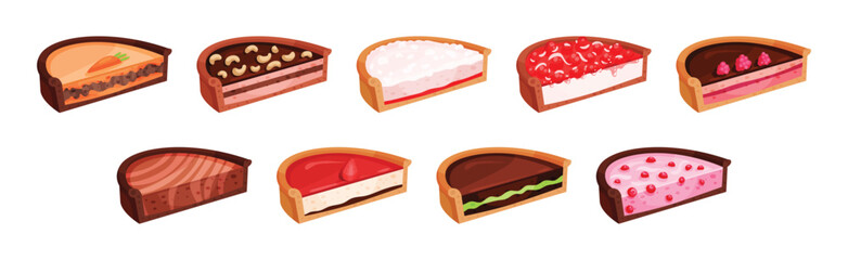 Sweet Homemade Pie or Cheesecake Halves with Berry Filling and Crust Made of Shortcrust Pastry Vector Illustration Set