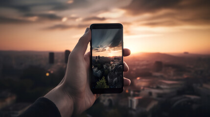 A person taking a picture of a city at sunset. AI generative image - obrazy, fototapety, plakaty