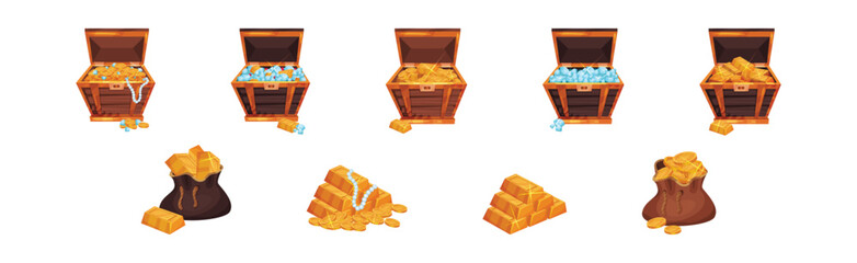 Pile of Golden Coins, Ingots and Gemstones in Wooden Chest and Sack Vector Set
