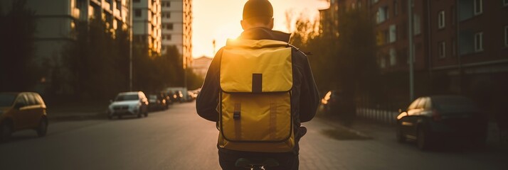 Delivery man rides a bicycle and delivers goods around the city with a delivery backpack. Generative AI