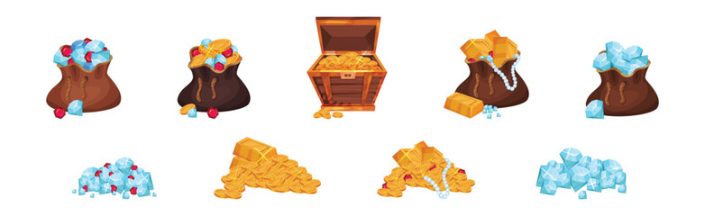 Pile of Golden Coins, Ingots and Gemstones in Wooden Chest and Sack Vector Set