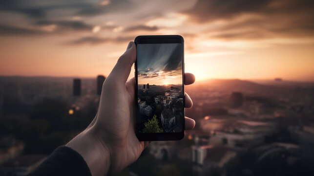A person taking a picture of a city at sunset. AI generative image