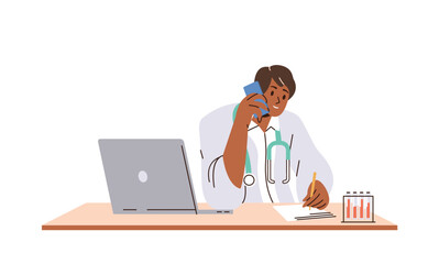 Man pediatrician character sitting at workplace talking mobile phone consulting patient remotely