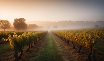  a foggy vineyard in the middle of a field of vines.  generative ai