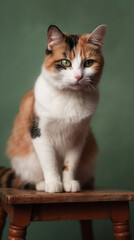 beautiful calico cat posing on a wooden chair in studio lighting in front of pastel green background - Generative AI
