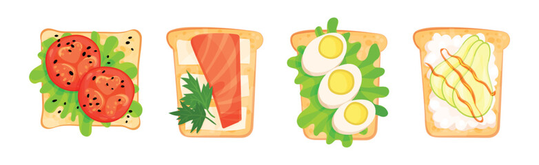 Toasts With Different Ingredients Top View Vector Set