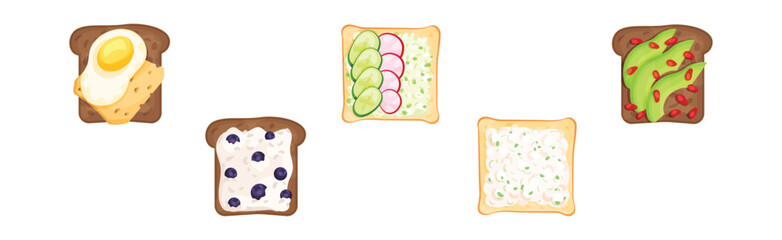 Toasts With Different Ingredients Top View Vector Set