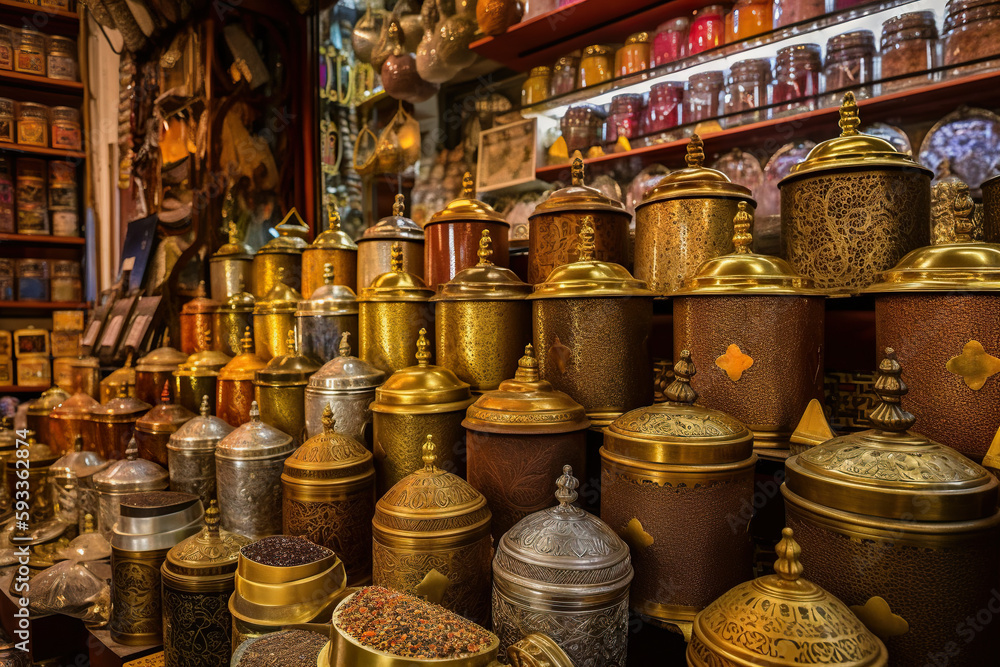 Poster an oriental store filled with lots of different types of jars with nuts, seets and seeds. ai generat