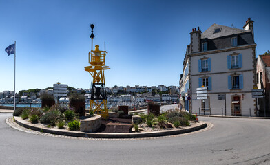 Fototapeta na wymiar Roundabout With Signal Light At The Harbor of City Audierne At The Finistere Atlantic Coast In Brittany, France