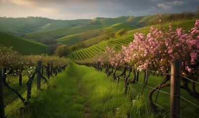 Fototapeta premium a lush green hillside with a row of trees and flowers. generative ai