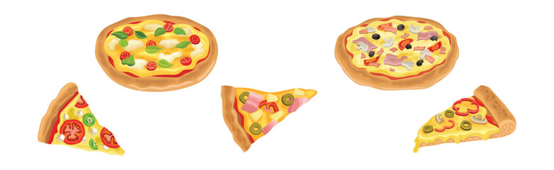 Hot and Round Tasty Pizza and Slice with Melting Cheese Vector Set
