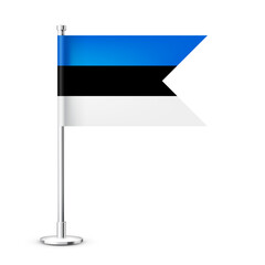 Realistic Estonian table flag on a chrome steel pole. Souvenir from Estonia. Desk flag made of paper or fabric and shiny metal stand. Mockup for promotion and advertising. Vector illustration