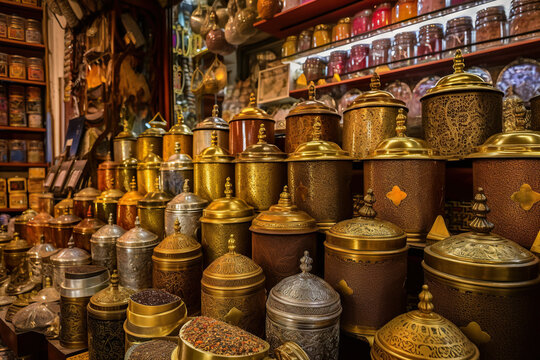 An oriental store filled with lots of different types of jars with nuts, seets and seeds. AI generative image