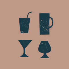 Glass, mug, glass, cocktail. Vector. Green on a beige background. Bar, restaurant, cafe, vintage, alcohol. Menu design, design, decor. Minimalism, silhouette, drawing, grunge. Eps10