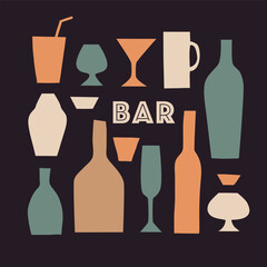 Vector set of barware. Bottle, glass, glass. Colored on a dark background. Silhouette, minimalism, drawing. Cafe, restaurant, alcohol, vintage. Design, decor, menu, decoration. Eps10