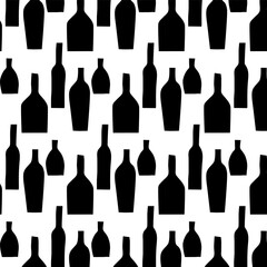 Vector pattern of black bottles of different sizes on a white background. Bar, cafe, restaurant, alcohol, anniversary, shop. Product packaging, fabric, tablecloth, wallpaper. Eps10