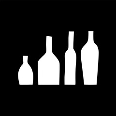 Four bottles of different sizes. Vector. White on a black background. Items for bar, restaurant, cafe. Holiday, alcohol, menu, wine list, wine, vodka, cognac, cocktail. Eps10