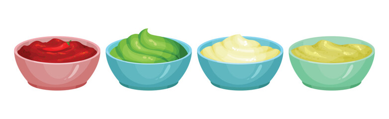 Different Sauces as Liquid or Cream Food Served in Bowls Vector Set