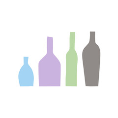 Four bottles of different sizes. Vector set. Blue, lilac, green, gray on a white background. Items for bar, restaurant, cafe. Holiday, alcohol, menu, wine list, wine, vodka, cognac, cocktail. Eps10