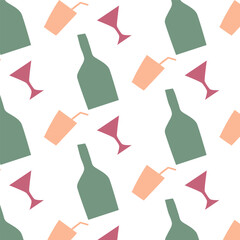 Color vector pattern of bottle, cocktail and glass. White background. Bar, cafe, restaurant, alcohol, summer, beach. Wrapping paper, fabric, tablecloth, wallpaper. Узы10