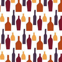 Colored vector pattern of a bottle, cocktail and glass on a white background. Orange, yellow, purple. Bar, cafe, restaurant, alcohol, summer, rest. Wrapping paper, fabric, tablecloth, wallpaper.Eps10