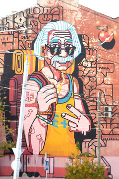 Vilnius, Lithuania, March 2023: Einstein graffiti in Vilnius