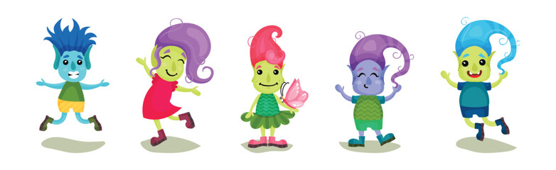 Cute Troll Characters with Different Skin and Hair Color Vector Set
