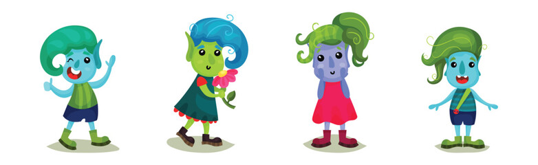 Obraz na płótnie Canvas Cute Troll Characters with Different Skin and Hair Color Vector Set