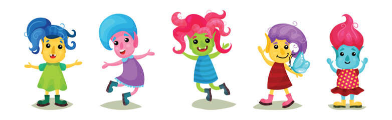 Cute Troll Characters with Different Skin and Hair Color Vector Set