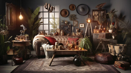 Fototapeta na wymiar Exotic Living Room Interior, Modern interior design, 3D render, 3D illustration