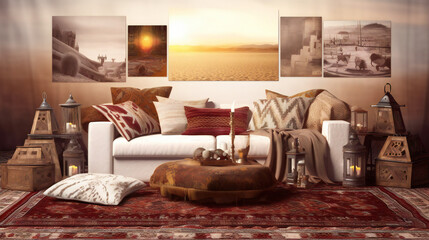 Exotic Living Room Interior with Mockup Frame Poster, Modern interior design, 3D render, 3D illustration