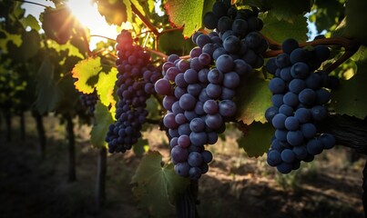 Fototapeta premium a bunch of grapes hanging from a vine in a vineyard. generative ai