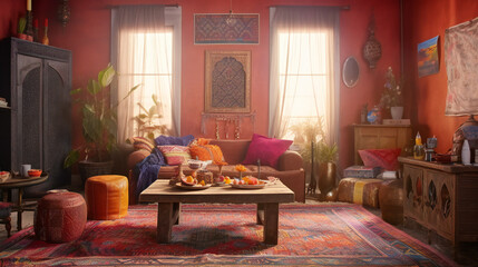 Fototapeta na wymiar Exotic Living Room Interior, Modern interior design, 3D render, 3D illustration